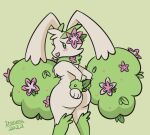  2022 alternate_species ambiguous_gender anthro big_ears butt chest_tuft digital_media_(artwork) fak&eacute;mon flower flower_on_head fusion green_ears green_legs green_neck hair hand_on_butt hybrid itoruna legendary_pok&eacute;mon lopunny mammal nintendo plant pok&eacute;mon pok&eacute;mon_(species) pok&eacute;mon_fusion portrait presenting presenting_hindquarters rear_view shaymin shayunny solo three-quarter_portrait tuft video_games 