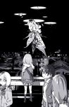  4girls cityscape earrings eyebrows_visible_through_hair greyscale hair_ornament hairclip horror_(theme) jacket jewelry long_hair long_sleeves medium_hair miniskirt monochrome multiple_girls original scarf shoes short_hair skirt socks tokomichi wings 