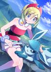  1girl absurdres blonde_hair blue_eyes blush closed_mouth cloud collar collarbone commentary_request day eyelashes glaceon grass hairband highres holding irida_(pokemon) jewelry knees knees_together_feet_apart neck_ring outdoors pokemon pokemon_(creature) pokemon_legends:_arceus pon_yui red_hairband red_shirt rock sash shiny_skin shirt short_hair shorts sitting sky strapless strapless_shirt white_shorts 