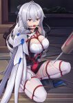  1girl ball_gag bangs bare_shoulders bdsm bondage bound bound_wrists breasts bronya_zaychik bronya_zaychik_(silverwing:_n-ex) cleavage dress drill_hair full_body gag grey_eyes grey_hair hair_between_eyes hair_ornament highres honkai_(series) honkai_impact_3rd kneeling large_breasts long_hair open_mouth sleeveless sleeveless_dress solo syringe thighhighs twin_drills v-shaped_eyebrows white_dress white_legwear yiduan_zhu 