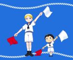  2boys aboutama alternate_costume blonde_hair blue_eyes bojji brothers child daida flag full_body height_difference holding holding_flag male_focus multiple_boys ousama_ranking sailor sailor_collar sailor_shirt shirt short_hair siblings socks sweatdrop 