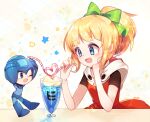  1boy 1girl arm_cannon aya_(aya_op10s) blonde_hair blue_eyes blush bow chibi dress green_bow hair_bow helmet long_hair mega_man_(character) mega_man_(classic) mega_man_(series) open_mouth ponytail red_dress roll_(mega_man) smile weapon 