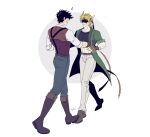  2boys ^^^ abs black_hair blonde_hair boots caesar_anthonio_zeppeli coat crop_top dancing facial_mark feather_hair_ornament feathers fingerless_gloves gloves green_coat hair_ornament headband highres jojo_no_kimyou_na_bouken joseph_joestar joseph_joestar_(young) knee_boots long_coat male_focus midriff multiple_boys pants pickieeeee shaded_face stepped_on suspenders sweater_vest tango white_pants 