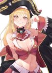  1girl absurdres arm_behind_back ascot bangs bare_shoulders black_coat blonde_hair blush breasts chen_yang_yang cleavage coat commentary_request cosplay ear_piercing eyebrows_visible_through_hair grin hair_ornament hat heterochromia highres houshou_marine houshou_marine_(cosplay) jacket kitagawa_marin large_breasts long_hair long_sleeves looking_at_viewer nail_polish navel off_shoulder open_clothes piercing pink_nails pirate_hat red_ascot red_eyes red_jacket red_skirt simple_background skirt sleeveless sleeveless_jacket smile solo sono_bisque_doll_wa_koi_wo_suru stomach upper_body white_background yellow_eyes 