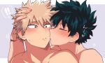  ! !! 2boys bakugou_katsuki bangs blonde_hair blush boku_no_hero_academia green_hair hand_on_another&#039;s_head highres kiss kissing_cheek looking_at_viewer male_focus midoriya_izuku multiple_boys red_eyes scar scar_on_arm short_hair spiked_hair upper_body yaoi yazakc 