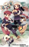  1boy 1girl akari_(pokemon) black_hair black_legwear commentary_request copyright_name cyndaquil grey_jacket hands_up hat head_scarf highres hinata_(pkmmmmmkrouhami) holding holding_poke_ball jacket looking_at_viewer oshawott pants pantyhose poke_ball poke_ball_(legends) pokemon pokemon_(creature) pokemon_(game) pokemon_legends:_arceus ponytail red_headwear red_scarf rei_(pokemon) rowlet scarf shirt shoes sidelocks skirt starter_pokemon_trio white_headwear 