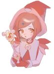  1girl :o alternate_costume bangs blush_stickers cropped_torso danganronpa_(series) danganronpa_v3:_killing_harmony flower gloves hair_ornament hairclip highres holding long_sleeves looking_at_viewer magical_girl musical_note red_gloves red_hair renli_(nire999) shiny shiny_hair short_hair simple_background solo swept_bangs white_background yumeno_himiko 