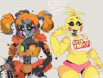  2021 animatronic anthro avian big_breasts bird blonde_hair breasts chicken claws clothing clown damage dialogue duo female five_nights_at_freddy&#039;s five_nights_at_freddy&#039;s_2 galliform gallus_(genus) green_eyes hair hi_res looking_at_viewer machine orange_hair panties phasianid pigtails pink_clothing pink_panties pink_underwear robot rose_cheeks scottgames scrap_baby_(fnaf) sharp_claws sharp_teeth talking_to_viewer teeth thick_thighs tongue tongue_out toy_chica_(fnaf) underwear uuforya video_games wide_hips yellow_body 