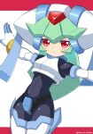  1girl android blush bodysuit breasts closed_mouth gloves green_hair helmet highres long_hair looking_at_viewer mega_man_(series) mega_man_zx mega_man_zx_advent mikoto000813 pandora_(mega_man) red_eyes simple_background solo 