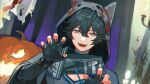  1boy animal_ears animal_hat axia_krone ayakii black_hair blood blood_splatter blue_eyes fake_animal_ears fangs fingerless_gloves gloves halloween hat long_sleeves male_focus nail_polish nijisanji pale_skin pumpkin virtual_youtuber wolf_boy wolf_ears 