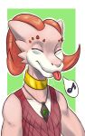  ambiguous_gender anthro big_horn blep clothing eyes_closed hi_res hibris horn jewelry kobold pink_body shirt solo tank_top tongue tongue_out topwear 