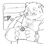  2022 anthro beach belly cellphone clothed clothing hi_res humanoid_hands kemono male mammal open_clothing open_shirt open_topwear overweight overweight_male phone seaside shirt sketch smartphone solo suid suina sun sus_(pig) topwear whitebeast20 wild_boar 