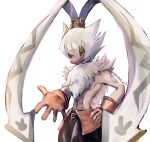  anthro bandai_namco bottomwear clothing digimon digimon_ghost_game fluffy fur gloves hair handwear kagami_ver3 lagomorph leporid male mammal offering_hand pants ponytail rabbit shirtless small_waist solo symbareangoramon yellow_body yellow_fur 