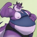  2022 anthro belly big_belly bulge clothing dippubear dragon eyes_closed hi_res humanoid_hands male moobs navel nipples overweight overweight_male purple_body simple_background solo underwear 