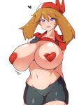  1girl areolae blush breasts clothes_lift covered_nipples dd41023237 eyebrows_visible_through_hair heart heart_pasties highres huge_breasts large_breasts looking_at_viewer may_(pokemon) open_mouth pasties pokemon shirt_lift shorts simple_background smile solo 