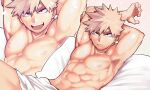  1boy arms_behind_head bakugou_katsuki bangs bara bed blonde_hair boku_no_hero_academia closed_mouth highres large_pectorals looking_at_viewer lying male_focus muscular muscular_male on_back on_bed open_mouth pectorals pillow red_eyes shiny shiny_hair short_hair smile solo spiked_hair sweat tongue tongue_out towel_around_waist yazakc 