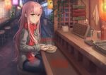 1girl bangs blunt_bangs blurry blurry_background casual chopsticks closed_mouth darling_in_the_franxx green_eyes grey_jacket grey_pants holding holding_chopsticks horns jacket long_hair long_sleeves looking_at_viewer outdoors pants pink_hair red_scarf scarf shiny shiny_hair sitting smile solo stormstx straight_hair very_long_hair zero_two_(darling_in_the_franxx) 