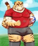  2022 anthro belly blush bodily_fluids bottomwear clothing cute_fangs felid hi_res humanoid_hands kemono male mammal mohumohudansi outside overweight overweight_male pantherine rugby rugby_ball shirt shorts solo sweat tiger topwear 