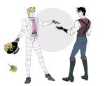  2boys argyle battle_tendency black_hair blonde_hair boots bow bowtie brown_hair caesar_anthonio_zeppeli facial_mark feather_hair_ornament feathers fingerless_gloves flower gloves hair_ornament hat highres holding holding_clothes holding_hat jacket jojo_no_kimyou_na_bouken joseph_joestar joseph_joestar_(young) knee_boots male_focus multiple_boys pants pickieeeee striped striped_pants sunflower suspenders sweater_vest tango top_hat white_jacket 