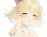  1girl blonde_hair blue_eyes blush bow dress eyebrows_visible_through_hair grin hair_twirling happy light_smile mother_(game) mother_2 parted_lips paula_(mother_2) pink_dress red_bow shifumame shiny short_hair short_sleeves simple_background smile solo teeth white_background 