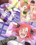  1boy 2girls black_hair black_jacket black_ribbon clothed_female_nude_male crying cushion doggystyle go-toubun_no_hanayome green_ribbon green_skirt hair_ribbon hetero highres jacket kanojo_okarishimasu kazuya_crying_(meme) lying medium_hair meme multiple_girls nakano_nino nakano_yotsuba nude on_back on_bed open_mouth orange_hair parody red_hair ribbon school_uniform sex shirt short_hair signature skirt snot tears teeth thighhighs tongue uesugi_fuutarou vest white_legwear white_shirt whiteartist yellow_vest 