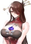  ! 1girl beidou_(genshin_impact) breasts brown_hair cleavage closed_mouth clothing_request eyepatch genshin_impact hair_ornament hair_over_one_eye highres large_breasts long_hair looking_down one_eye_covered red_eyes shiny shiny_hair simple_background solo tommy_(kingdukeee) upper_body white_background 