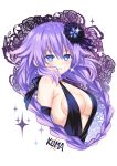  1girl :d bare_shoulders black_dress blue_eyes blush braid breasts cleavage cropped_torso dress elbow_gloves flower from_side gloves hair_between_eyes hair_flower hair_ornament hair_ribbon highres lewdkuma long_hair medium_breasts neptune_(series) no_bra parted_lips power_symbol purple_hair purple_heart ribbon sideboob sleeveless sleeveless_dress smile solo symbol-shaped_pupils twin_braids twintails underboob upper_body very_long_hair 
