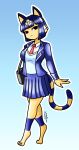  animal_crossing ankha_(animal_crossing) anthro barefoot bottomwear clothing domestic_cat egyptian feet felid feline felis female gradient_background hi_res mammal necktie nintendo school_uniform simple_background skirt solo thomi uniform video_games 