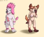  100_percent_wolf animal_genitalia animal_penis anthro balls batty_(100_percent_wolf) breasts brown_body brown_fur canid canine canine_penis canis casual_nudity claws daison_the_fox domestic_dog duo female freddy_lupin_(100_percent_wolf) fur genitals hi_res knot male mammal nipples nude penis pink_body pink_fur pussy simple_background tongue tongue_out 