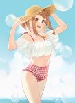  1girl :d absurdres bikini blue_sky boku_no_hero_academia brown_eyes brown_hair bubble cloud collarbone covered_navel cropped_shirt day floating_hair haruria_(hare_nochi_hana) high-waist_bikini highres ocean off-shoulder_shirt off_shoulder open_mouth outdoors plaid plaid_bikini red_bikini shirt short_hair_with_long_locks sidelocks sky smile solo standing summer swimsuit twitter_username uraraka_ochako white_shirt 