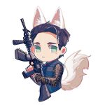  1boy animal_ears brown_hair captain_america_(series) chibi green_eyes gun holding holding_gun holding_weapon james_buchanan_barnes kemonomimi_mode marvel marvel_cinematic_universe mechanical_arms pickieeeee short_hair single_mechanical_arm solo tail the_falcon_and_the_winter_soldier vest weapon wolf_ears wolf_tail 