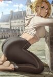  1girl annie_leonhardt arched_back ass barefoot blonde_hair blue_eyes blue_sky blurry blurry_background breasts brick_floor building closed_mouth commentary cropped_hoodie day from_side highres hood hood_down hoodie kneeling looking_at_viewer medium_breasts outdoors pants patreon_logo patreon_username shexyo shingeki_no_kyojin sky solo striped striped_pants vertical-striped_pants vertical_stripes web_address yoga_pants 