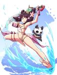  1girl ;o alternate_costume bangs barefoot blue_eyes breasts brown_hair clothing_cutout commentary_request dragalia_lost eyebrows_visible_through_hair full_body harugame86 highres holding holding_sword holding_weapon lin_you navel navel_cutout one-piece_swimsuit one_eye_closed open_mouth panda swimsuit sword water weapon 