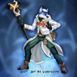  anthro blue_body blue_fur canid canine canis clothed clothing dylan_(magnuswolf) eyewear fur glasses magic_staff magic_user male mammal pose snaketeeth12 solo staff white_body white_fur wolf 