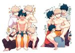  2boys abs angry bakugou_katsuki bangs bara barefoot black_pants black_tank_top blonde_hair blush boku_no_hero_academia boxer_briefs closed_mouth green_eyes green_hair green_male_underwear grey_hoodie grey_shirt heart highres hood hood_down hoodie kneeling large_pectorals looking_at_another male_focus male_underwear midoriya_izuku multiple_boys muscular muscular_male navel nipples open_mouth orange_male_underwear pants pectorals red_eyes red_hoodie scar scar_on_arm shirt short_hair sitting smile spiked_hair tank_top teeth tongue tongue_out translation_request underwear yaoi yazakc 