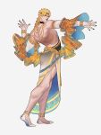  1boy alternate_costume anklet black_lips black_nails blonde_hair bridal_gauntlets crossdressing detached_sleeves dio_brando fabulous headband highres jewelry jojo_no_kimyou_na_bouken long_skirt male_focus muscular muscular_male pointy_ears qi_hui side_slit skirt solo stardust_crusaders 