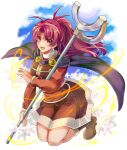  1girl :d ahoge boots breasts cape cloud dress flower full_body golden_sun jenna_(golden_sun) long_hair looking_at_viewer mizuura open_mouth ponytail red_eyes red_hair skirt smile solo staff 