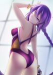  1girl ;) absurdres arm_up ass backless_swimsuit bangs bare_arms bracelet braid braided_ponytail competition_swimsuit from_behind hair_between_eyes head_tilt highres hisato_nago jewelry long_hair looking_at_viewer melty_blood one-piece_swimsuit one_eye_closed ponytail purple_eyes purple_hair purple_swimsuit shoulder_blades sion_eltnam_atlasia smile solo swimsuit tsukihime very_long_hair 