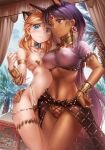  2girls animal_ears arm_around_waist armlet bangs blonde_hair blue_eyes bracelet breasts brown_panties cat_ears character_request closed_mouth covered_navel cowboy_shot crop_top dan_kanemitsu dark-skinned_female dark_skin earrings flat_chest from_below frown hand_on_another&#039;s_hip hand_on_hip harem_outfit highleg highleg_panties highres jewelry large_breasts long_hair looking_at_viewer multiple_girls navel panties parted_bangs purple_eyes purple_hair red_panties ruby_(gemstone) sapphire_(gemstone) shiny shiny_hair short_sleeves skindentation smile standing strike_witches thighlet underwear very_long_hair world_witches_series 