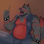  2022 anthro belly black_body bottomwear canid canine canis clothing dippubear hi_res humanoid_hands male mammal overweight overweight_male pants red_body simple_background solo tongue tongue_out wolf 