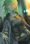  armor bangs black_shorts breasts byleth_(fire_emblem) byleth_(fire_emblem)_(female) cape detached_collar dutch_angle fire_emblem fire_emblem:_three_houses floating_hair green_eyes green_hair grey_cape hair_between_eyes highres large_breasts long_hair looking_at_viewer midriff navel outstretched_hand parted_lips short_shorts shorts shoulder_armor smile solo stomach toho10min 