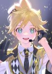  1boy black_gloves black_skirt blonde_hair blue_eyes close-up commentary_request gloves kagamine_len looking_at_viewer male_focus microphone naoko_(naonocoto) open_mouth skirt solo teeth vocaloid 