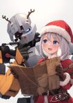  1girl bangs belt belt_buckle blue_eyes blush buckle christmas fake_antlers gloves hat highres holding kin&#039;iro_dojo long_hair looking_at_object map mecha open_mouth original revision robot santa_costume santa_hat simple_background smile solo tied_hair white_hair 