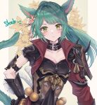  1girl animal_ears black_gloves breasts cat_ears cat_girl cat_tail cleavage commission eyebrows_visible_through_hair facial_mark gloves green_hair hand_on_hip highres looking_at_viewer medium_breasts miqo&#039;te original skeb_commission slit_pupils solo su2525 tail yellow_eyes 