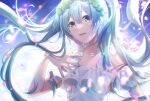  1girl :d asaya-bigun bangs blue_eyes blue_hair blue_nails breasts cleavage collarbone dress eyebrows_visible_through_hair floating_hair flower green_flower hair_between_eyes hair_flower hair_ornament hatsune_miku long_hair maid_headdress motion_blur nail_polish petals small_breasts smile solo sundress sunlight upper_body very_long_hair vocaloid white_dress 