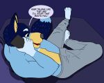  anthro bandit_heeler bed blue_body blue_fur bluey_(series) bulge bulge_grab canid canine father fur furniture lewd_latte male mammal parent phone solo sweatpants 