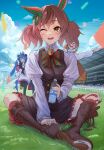  animal_ears blue_hair boots bottle brown_eyes brown_hair confetti dress grass highres horse_ears horse_girl matikane_tannhauser_(umamusume) naka1379 nice_nature_(umamusume) one_eye_closed racetrack sitting sweat twin_turbo_(umamusume) twintails umamusume water_bottle 