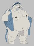  2022 anthro asian_clothing belly bluewhale127 bulge clothed clothing east_asian_clothing facial_hair fundoshi hi_res humanoid_hands japanese_clothing kemono male mammal mature_male moobs mustache navel nipples open_clothing open_robe overweight overweight_male polar_bear robe simple_background solo underwear ursid ursine white_body white_clothing white_fundoshi white_underwear 