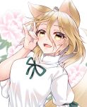  1girl animal_ears blonde_hair blush breasts brown_eyes eyebrows_visible_through_hair eyes_visible_through_hair finger_touching fingernails floral_background flower fox_ears fox_girl fox_shadow_puppet fox_tail green_ribbon kudamaki_tsukasa mandarin_collar medium_breasts open_mouth pink_flower ribbon romper short_hair tail touhou upper_body white_romper yamamoto_hanabi 