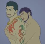  2boys arcanist_(gyee) bara blush facial_hair grabbing gyee hug jashin_doruton licking male_focus multiple_boys muscular muscular_male pectoral_grab pectorals priapus_a._tarou purple_hair smile sweat tattoo yaoi 